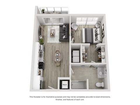 Floor plan for 1 bed, 1 bath, 601 sqft
